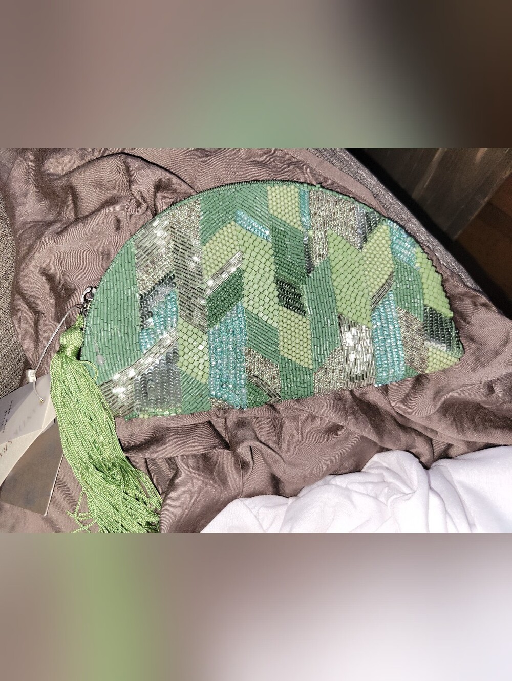 Antik Kraft Green Beaded Chevron Tassel Clutch